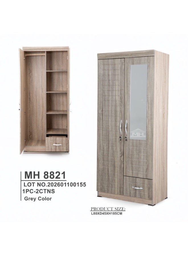 Multi Home Furniture 2 Door Wooden Wardrobe MH-8821 Grey Cabinet Cupboard Engineered Wood Perfect Modern Stylish Heavy Duty With Mirror - Image 1